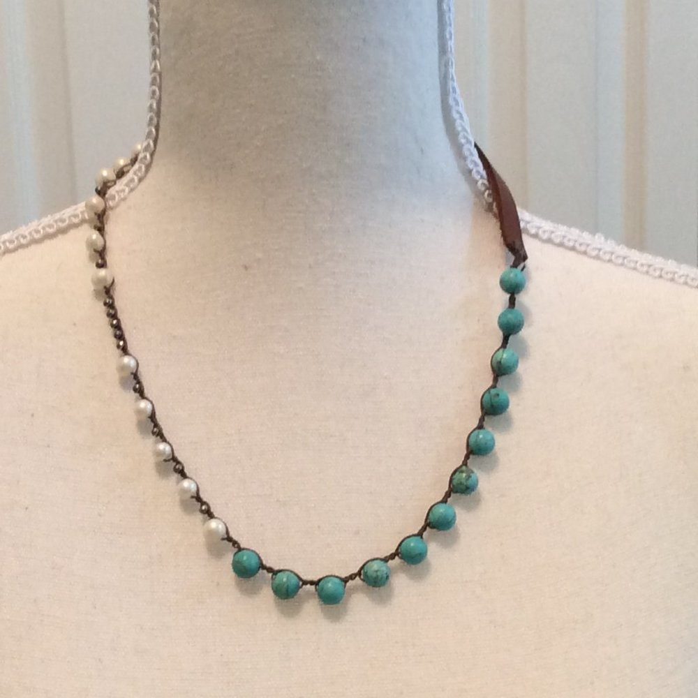 Unique Necklace, White and Turquoise Beads with Leather strap closure